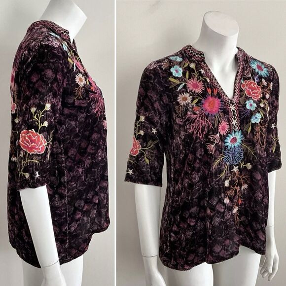 Johnny Was Silk Blend Ulla Velvet Easy V-neck Gypsy Boho Resort Purple Top XXS - Picture 12 of 12